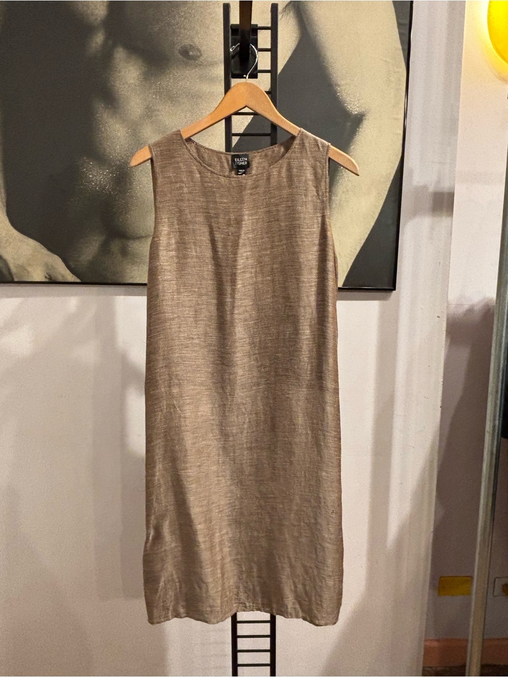EILEEN FISHER Sleeveless Linen Tunic Dress Brown Sheer Layer